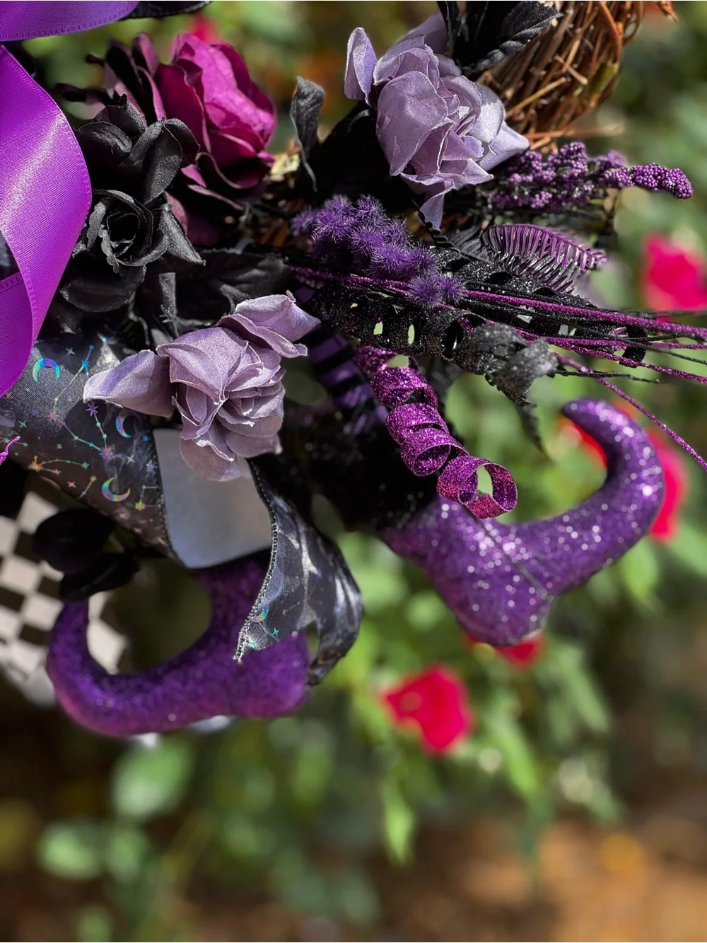 Purple & Black Halloween Wreath with Decorative Bow